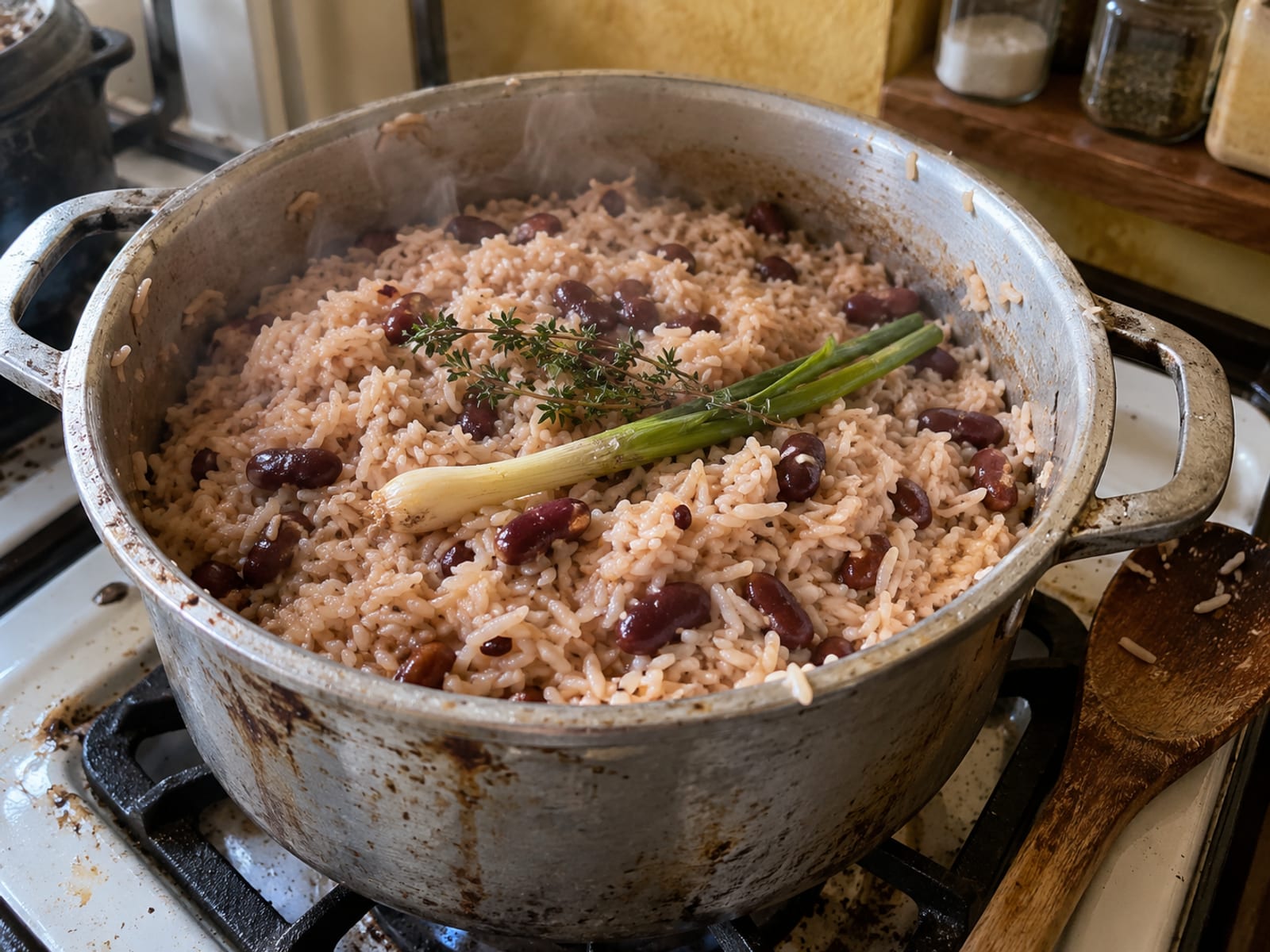 A pot of coconut rice cooked with red kidney beans, steaming on a stove top