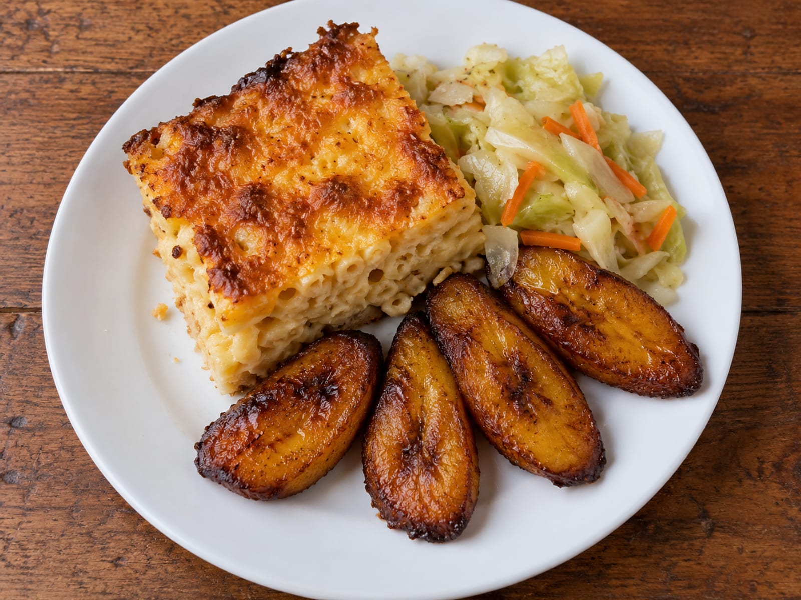 Macaroni pie, fried plantain and steamed cabbage served on a white plate