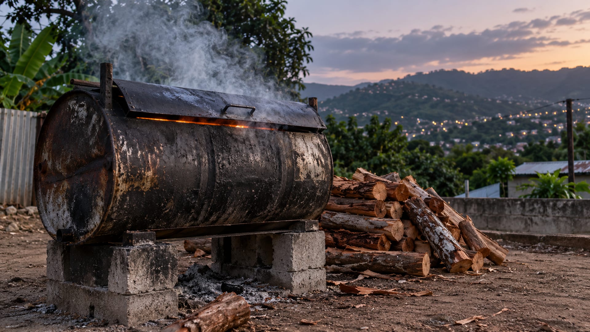 A steel jerk drum smoking at dusk beside pimento logs with a hazy hillside behind