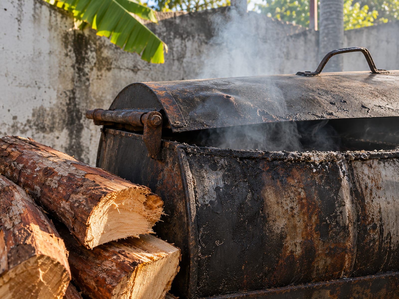 A steel jerk drum with smoke rising from the lid beside stacked pimento logs