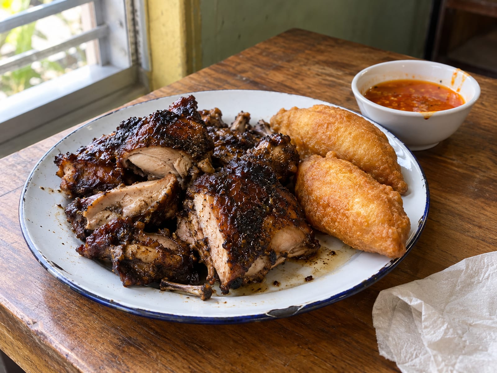 Jerk chicken pieces with festival and a small bowl of pepper sauce on a plain table