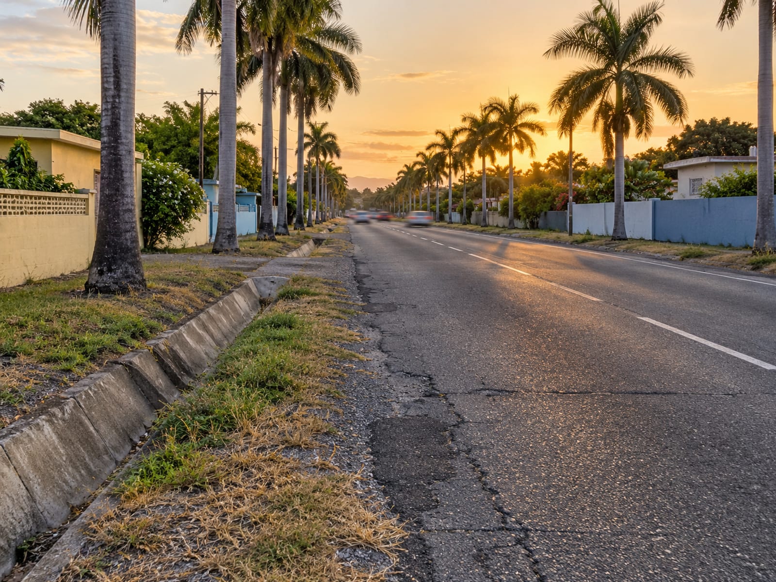 A wide city road with palms and low buildings in warm evening light