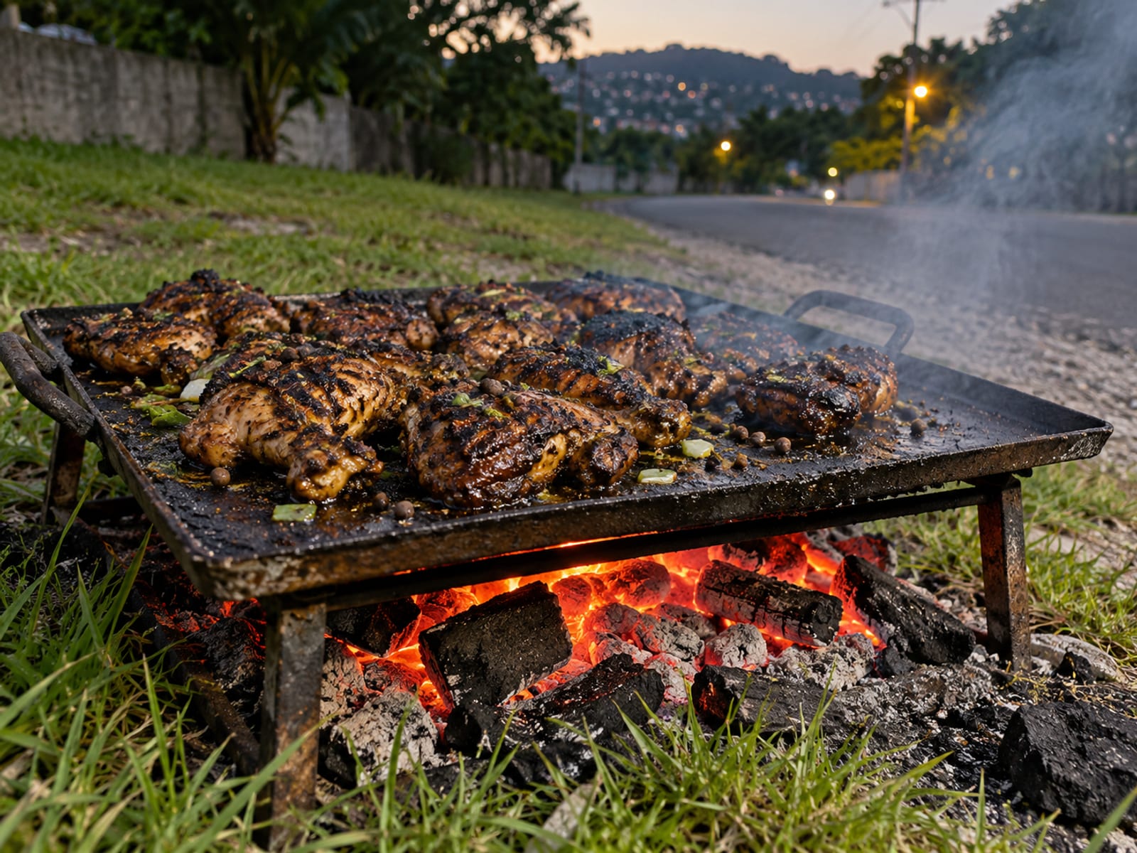 A flat metal grill pan over glowing charcoal on a roadside at dusk