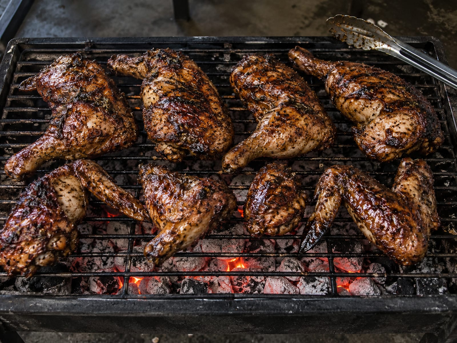 Jerk chicken pieces on a charcoal grill with glowing coals beneath