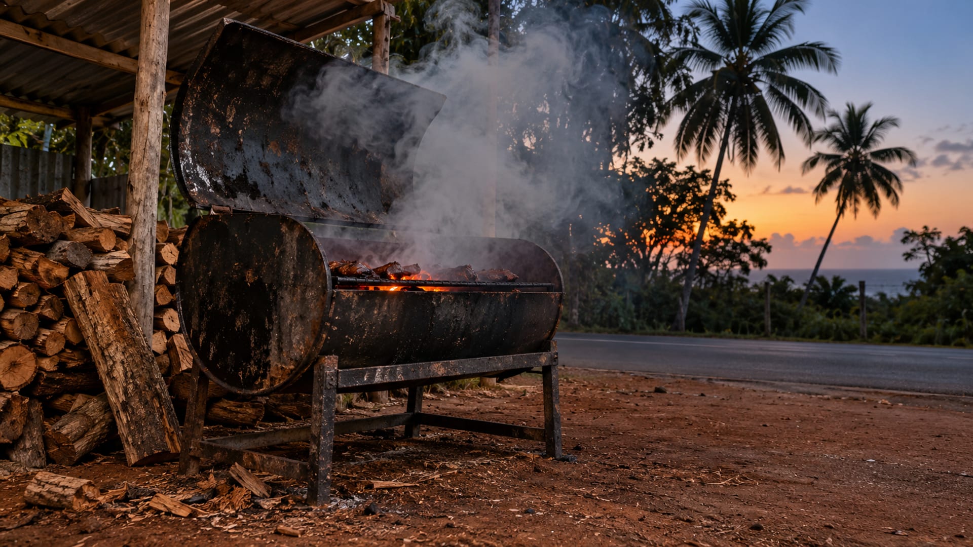 Smoke rising from an oil-drum jerk grill at dusk beside a tropical roadside