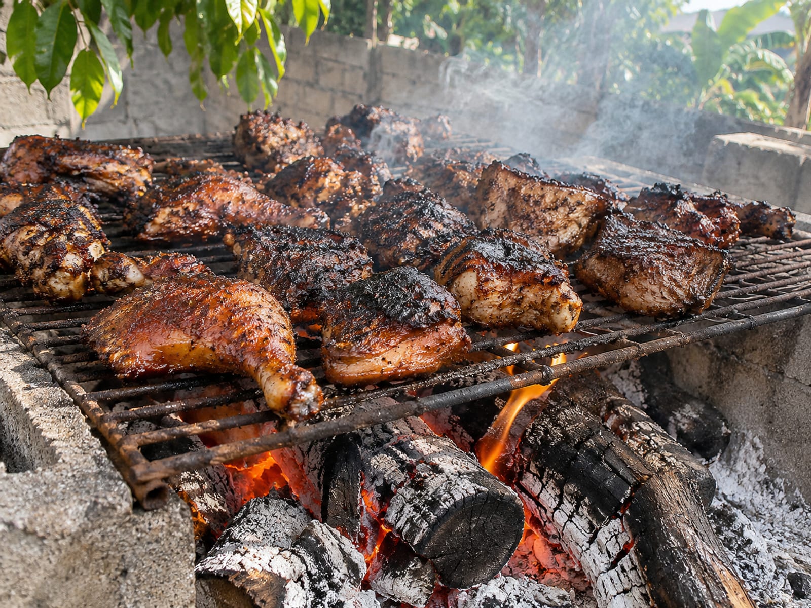 Jerk chicken and pork pieces smoking on a grill over pimento wood in an open-air pit