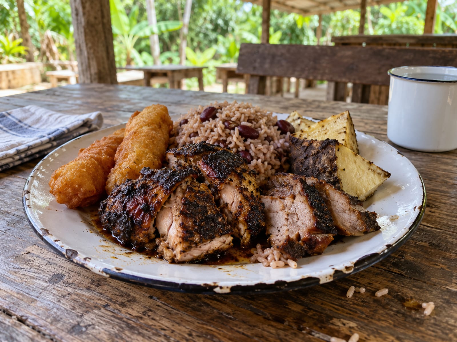 A plate of jerk chicken and jerk pork with festival, rice and peas and roast yam