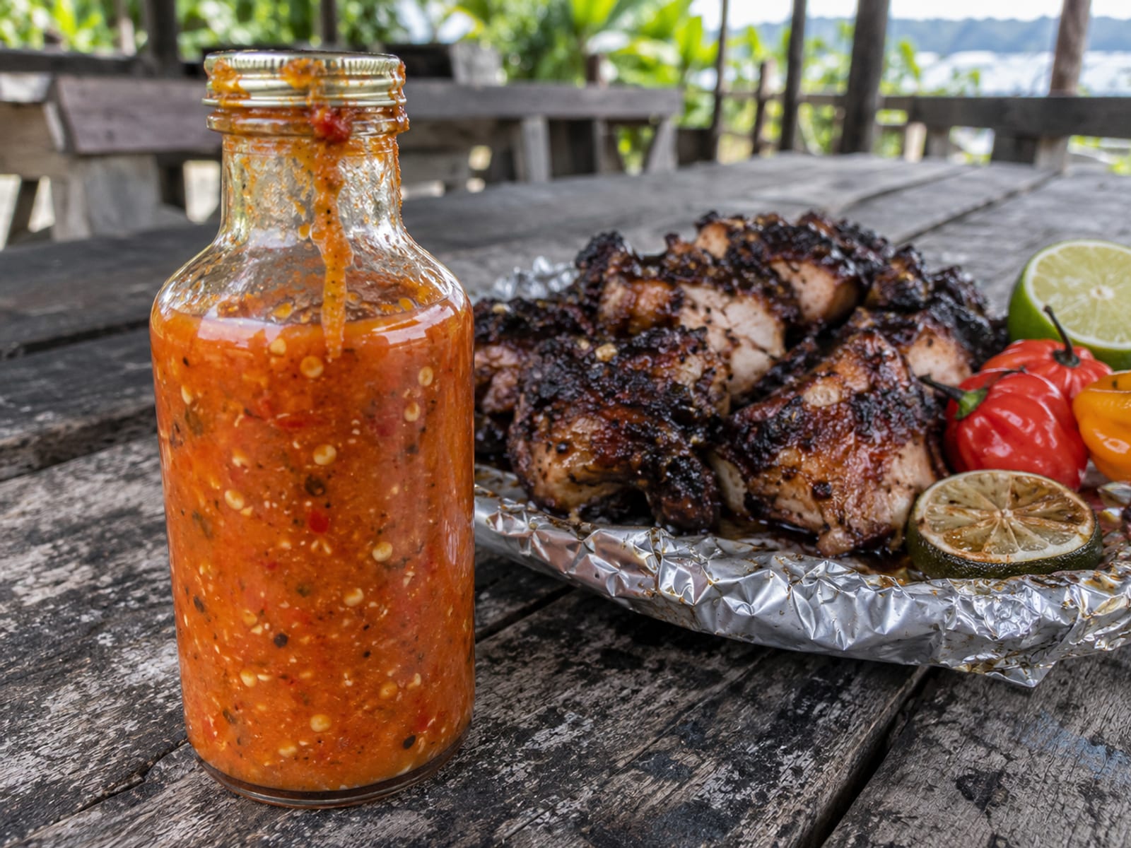 A small bottle of red pepper sauce beside a plate of jerk chicken on a wooden table