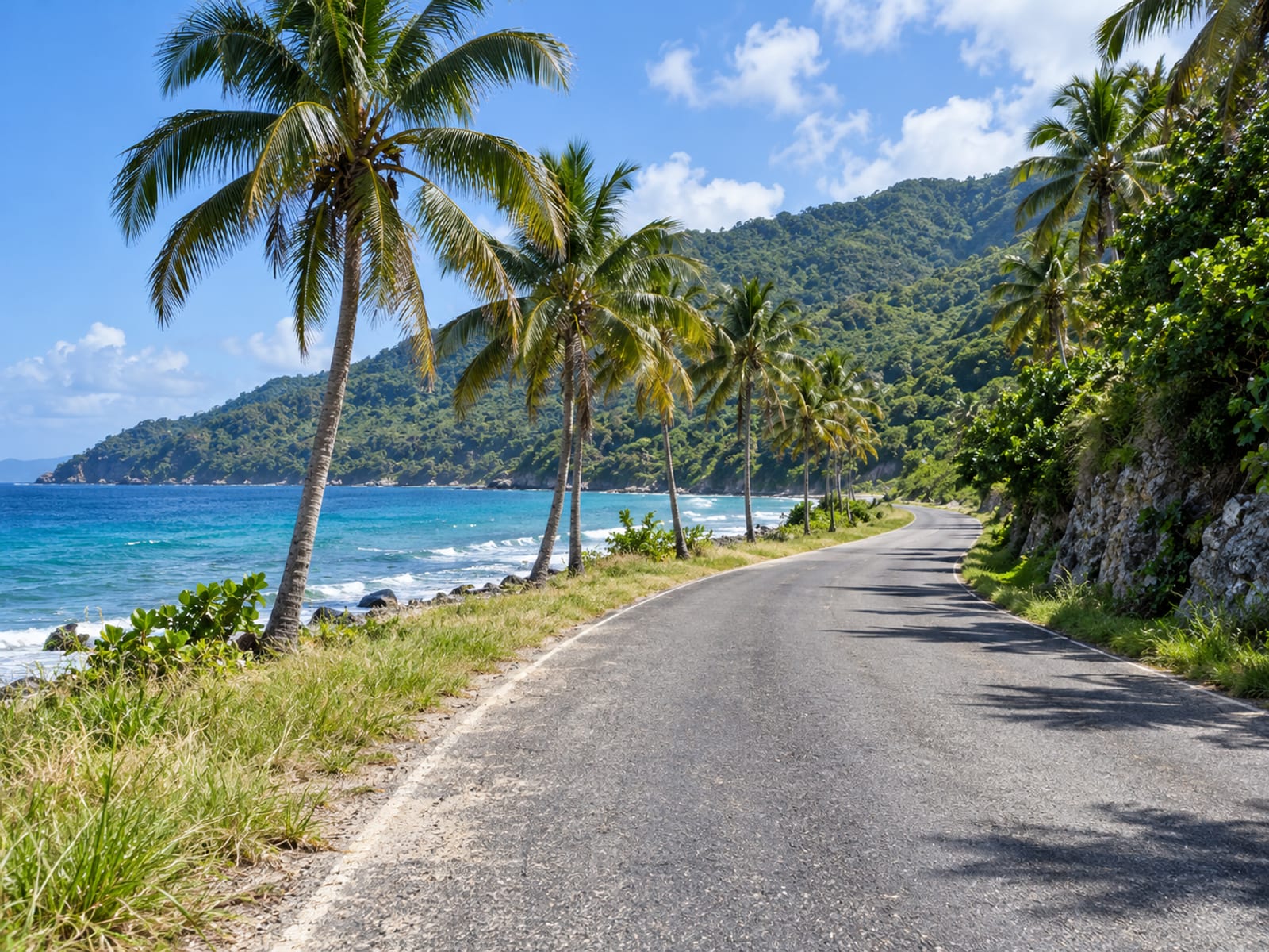 A narrow Jamaican coastal road with palm trees and green hills under a bright sky, no vehicles