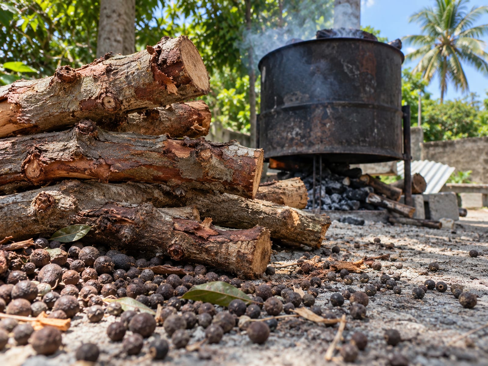 Pimento branches and allspice berries stacked beside a charcoal jerk drum in smoky light