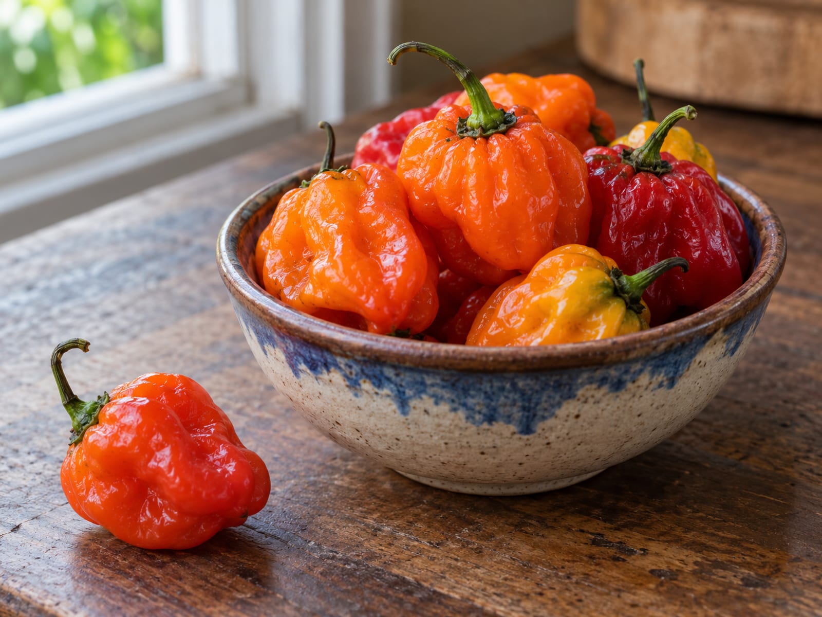 A close view of ripe orange and red Scotch bonnet peppers in a small bowl