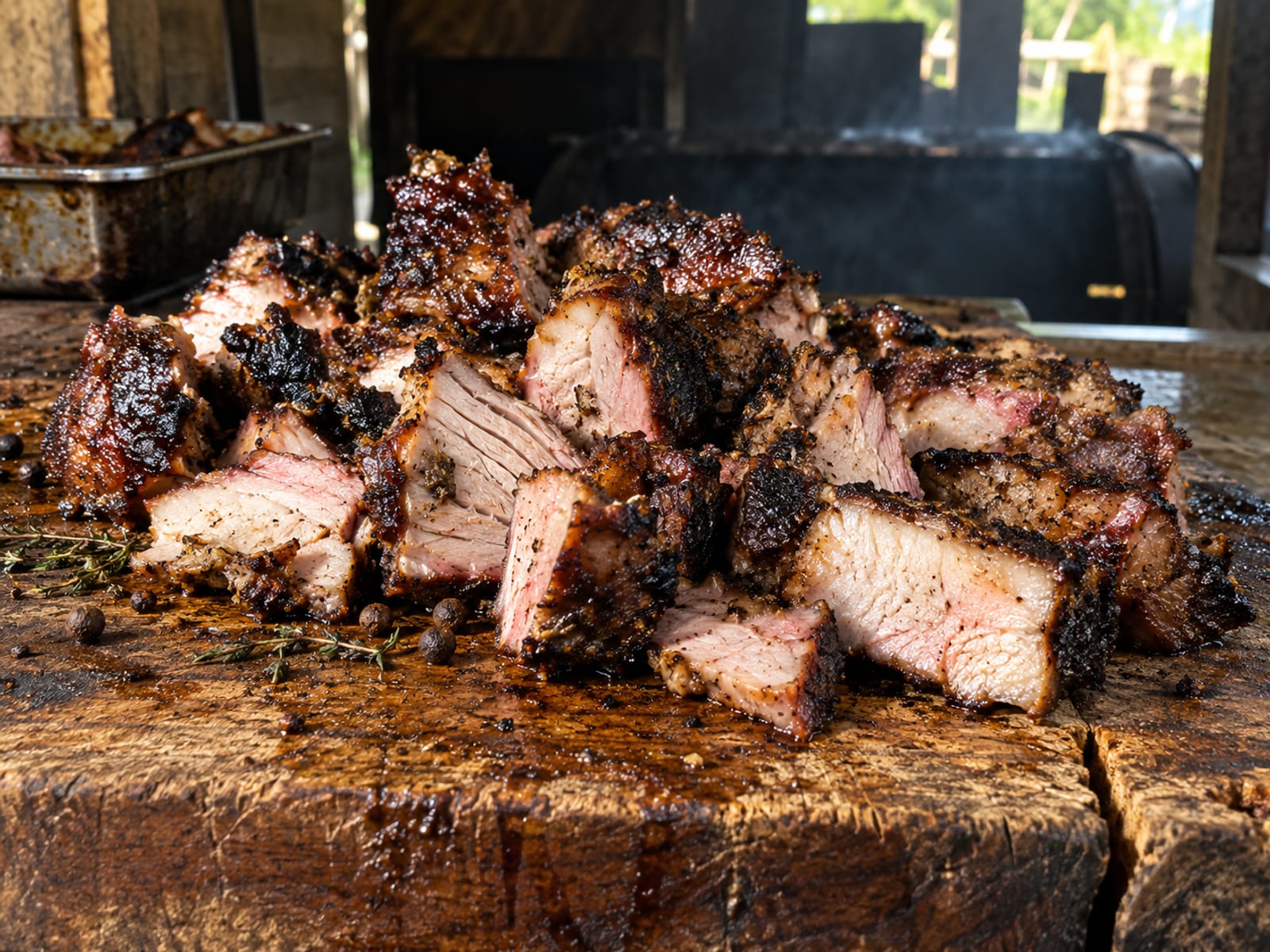 Thick chopped jerk pork pieces with dark edges piled on a wooden board