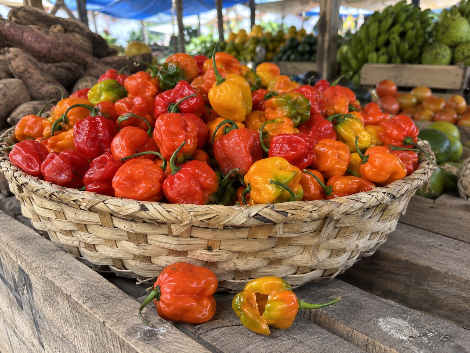 Red and orange Scotch bonnet peppers heaped in a shallow basket