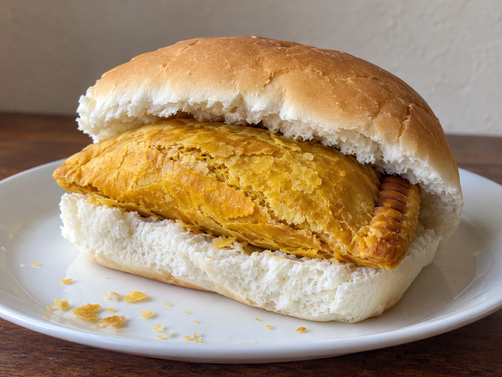 A golden Jamaican patty tucked inside a soft coco bread roll on a plain white plate
