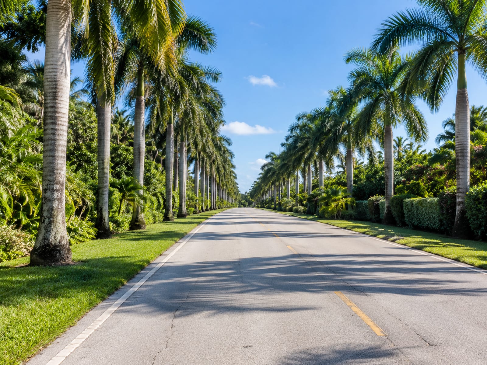 A wide palm-lined road in sunny South Florida with no vehicles, signs or storefronts