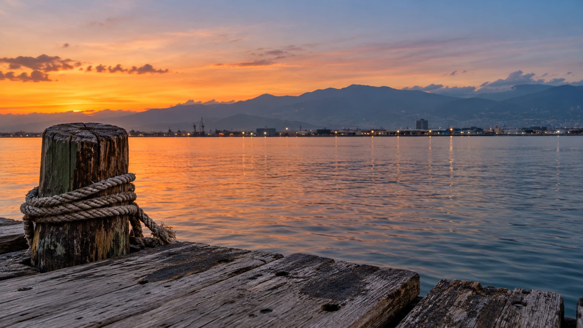 Kingston Harbour at dusk with still water and the Blue Mountains faint in the distance
