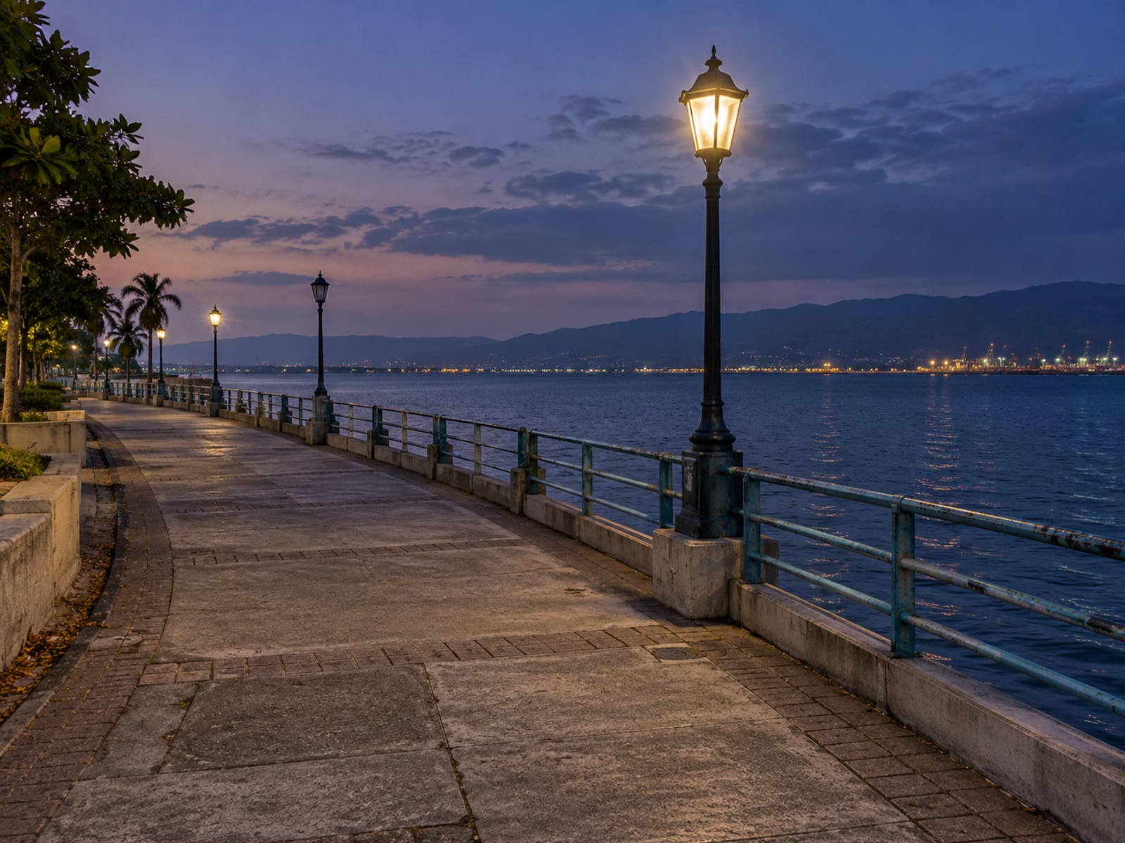 A quiet harbourside promenade at dusk with lamps lit along the water