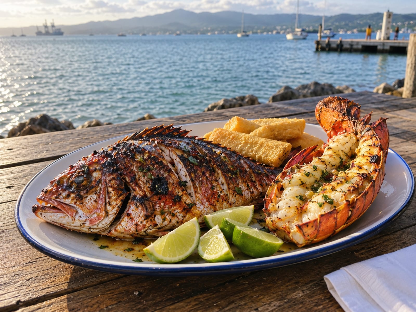 A plate of grilled fish and lobster with lime wedges on a harbourside table