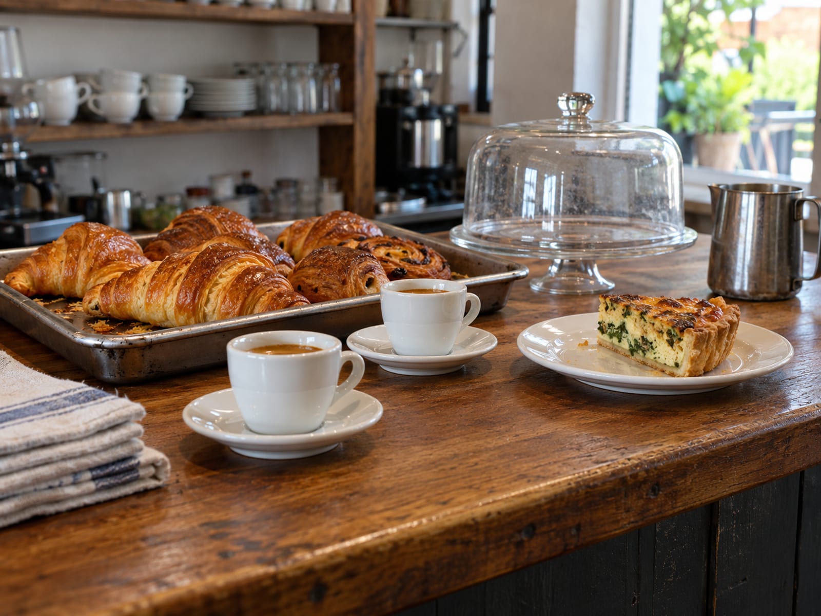 A café counter with espresso cups, pastries and a plate of quiche in morning light