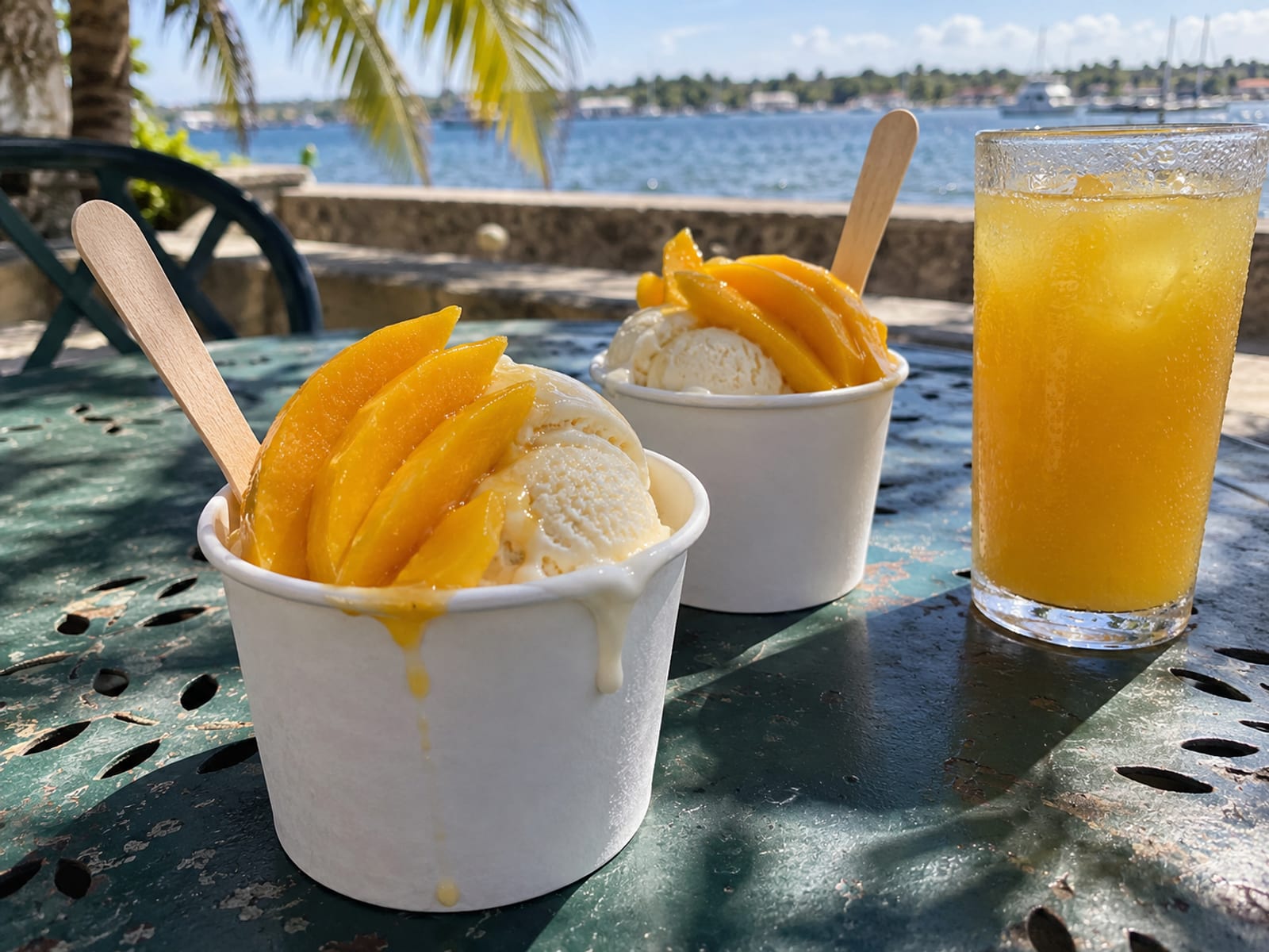 Two cups of ice cream with fresh fruit on a table in warm afternoon light