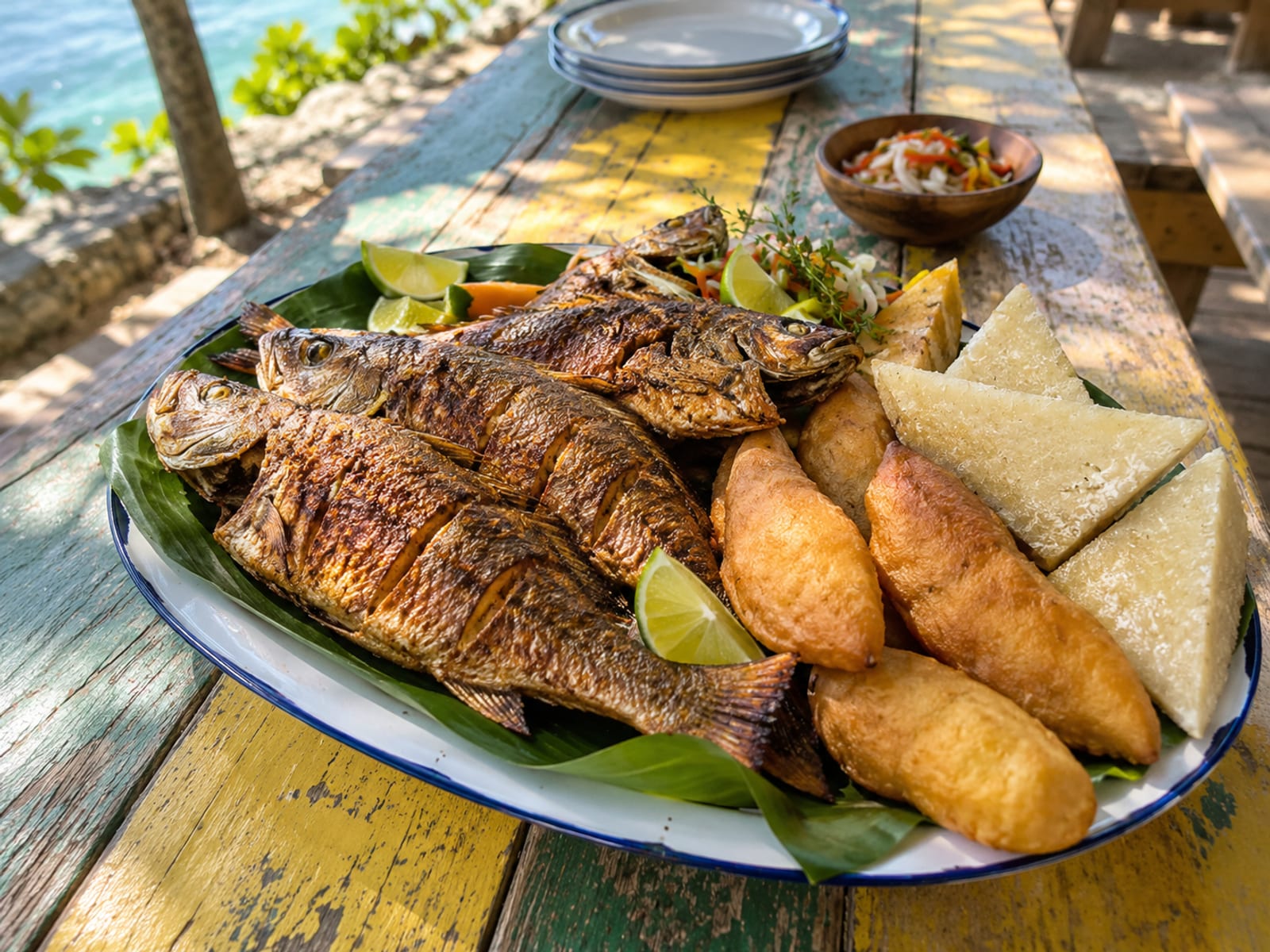 Platter of fried fish with festival and bammy on a long table