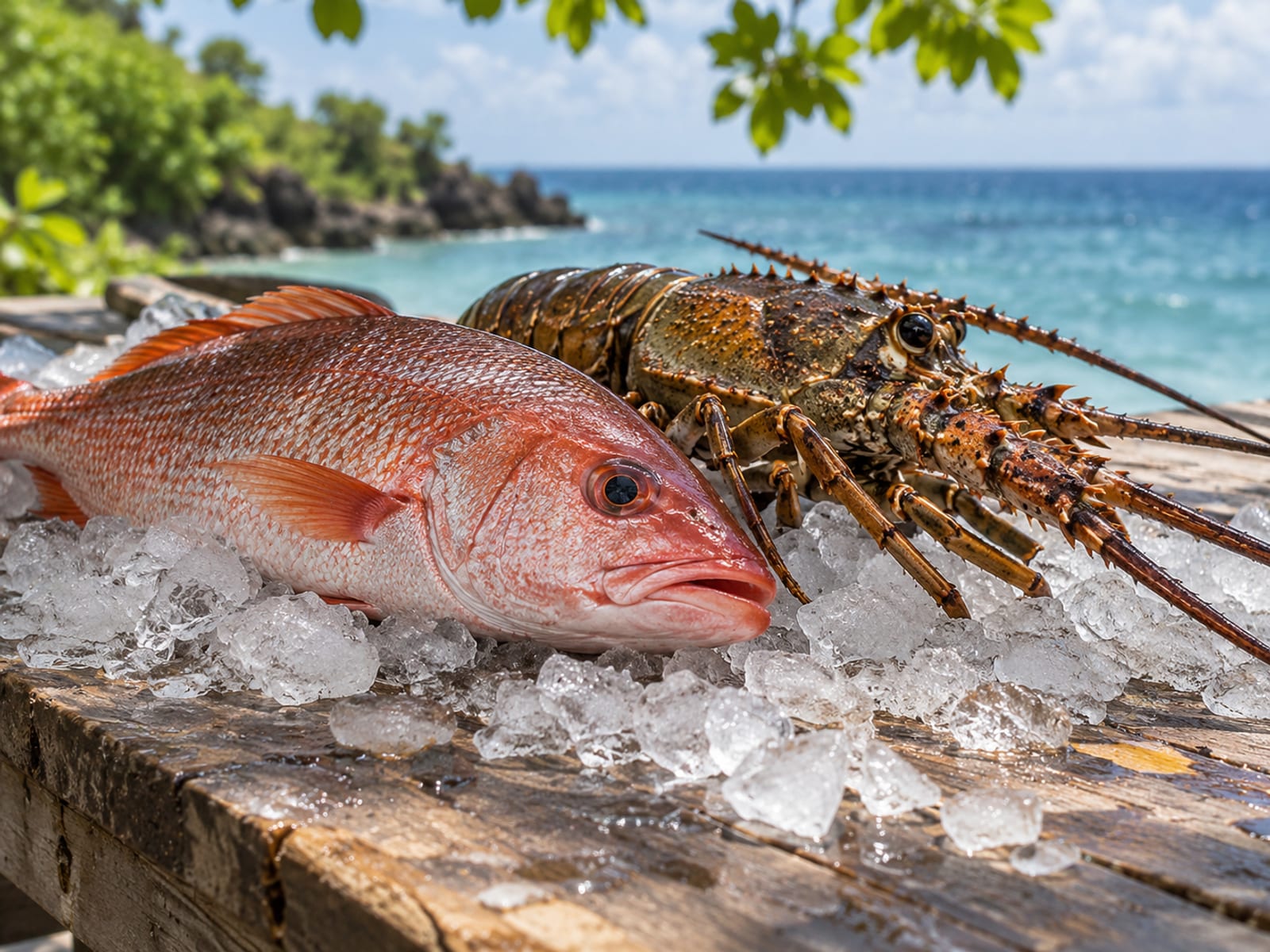 Fresh snapper and lobster on crushed ice on a wooden table