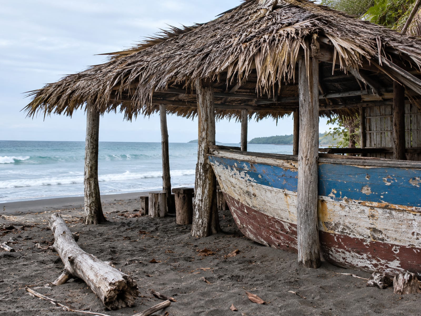 Thatched shelter built from an old fishing boat hull on black sand