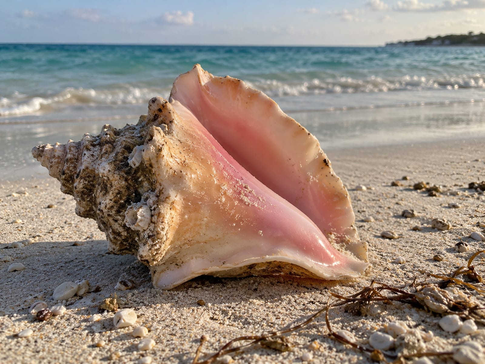 A large pink-lipped queen conch shell lying on pale beach sand