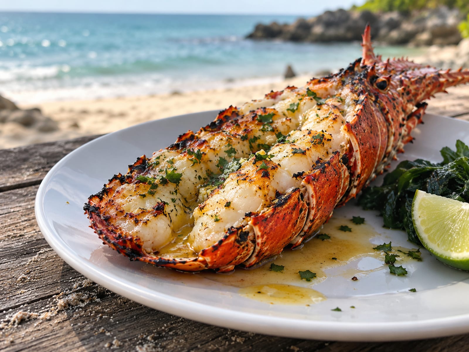 Halved grilled lobster tail with garlic butter and a lime wedge on a plate