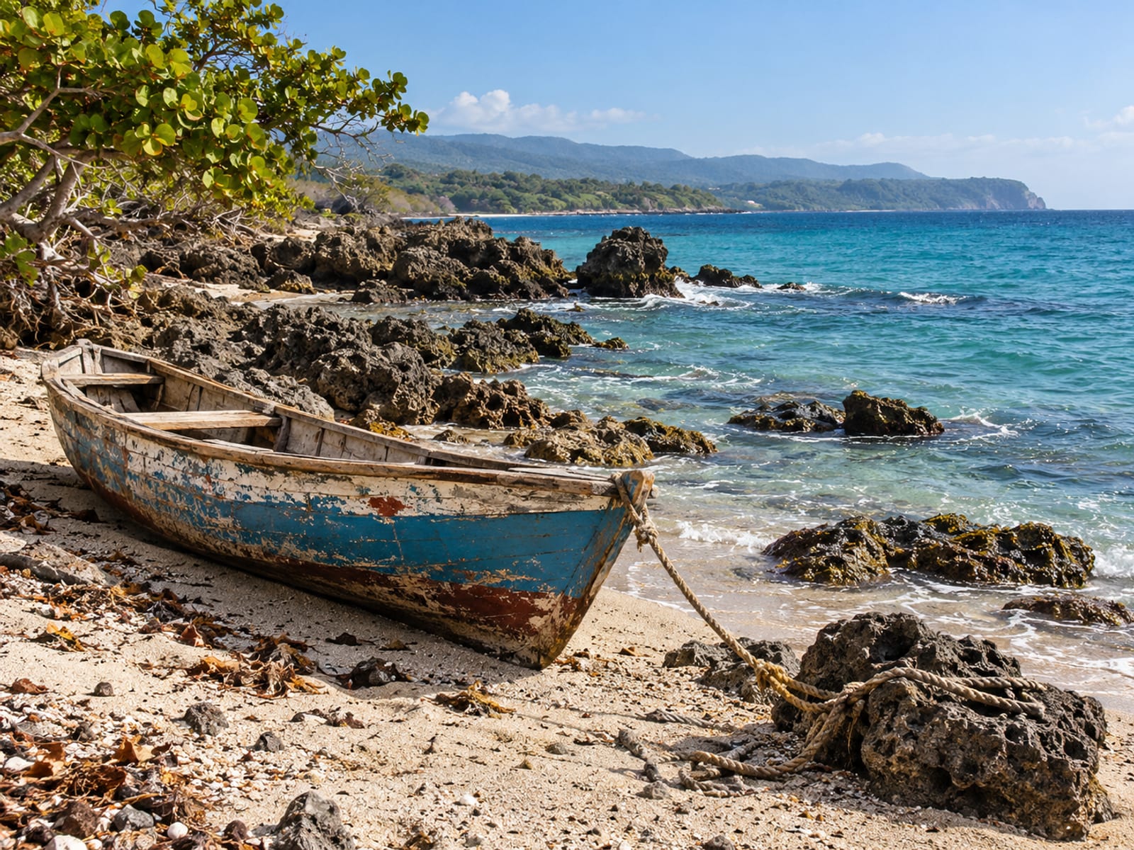 Rocky shoreline with turquoise water and a small wooden fishing boat pulled up on sand