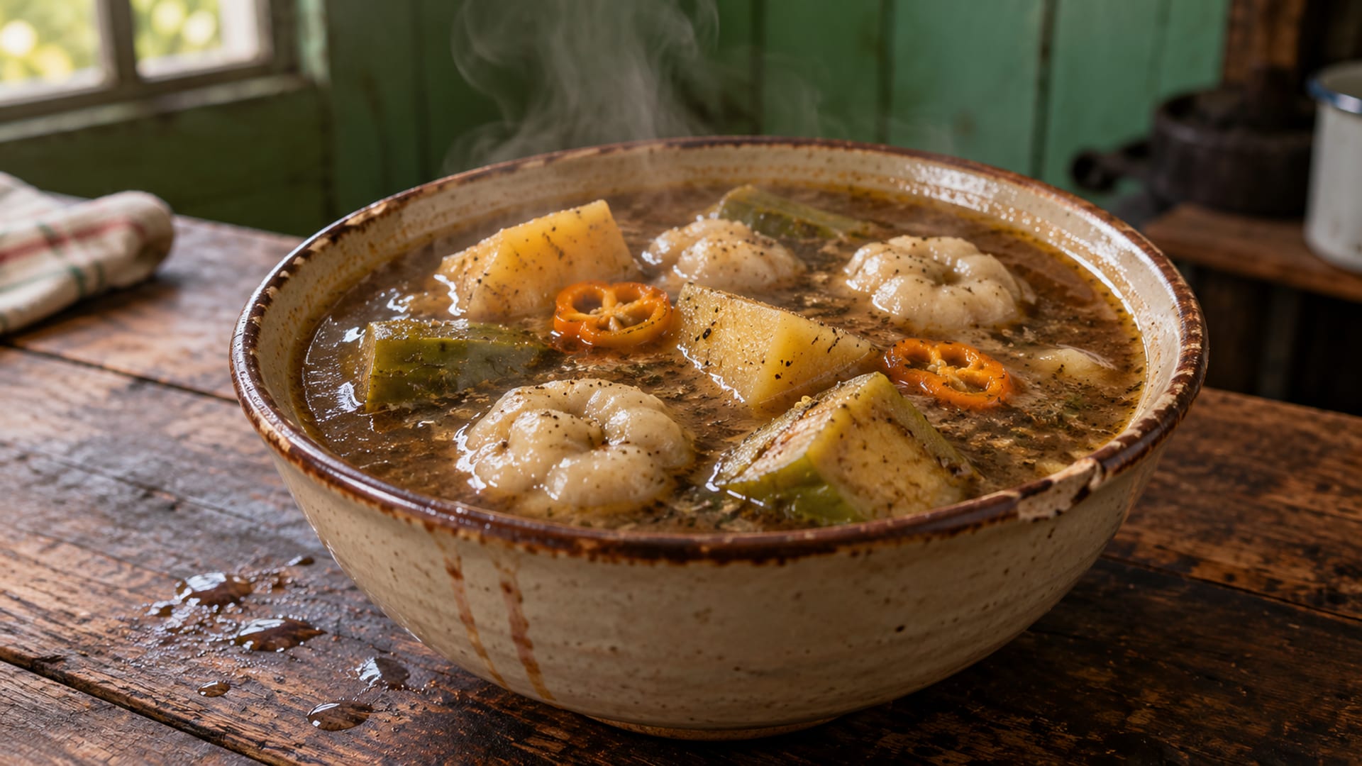 Bowl of steaming goat soup with dumplings and yam chunks on a wooden table