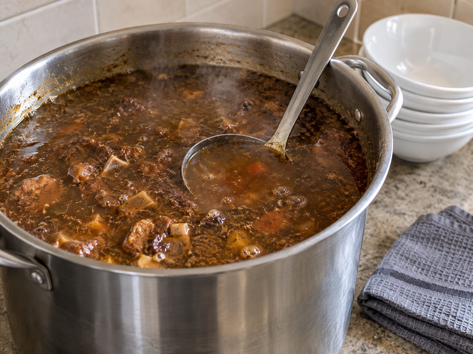 Steel ladle resting in a pot of brown soup on a kitchen counter