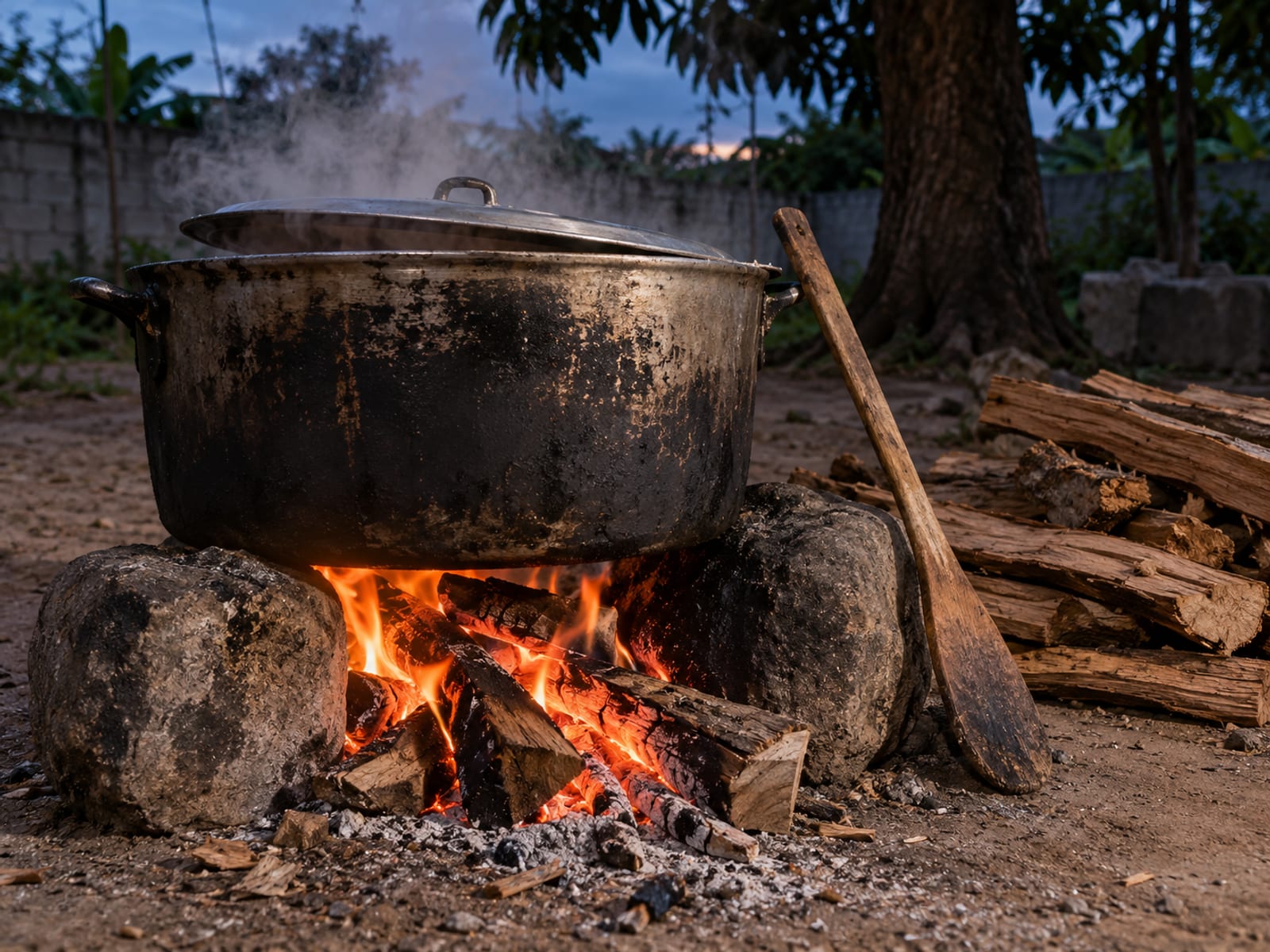 Large blackened soup pot simmering over a wood fire outdoors with steam rising