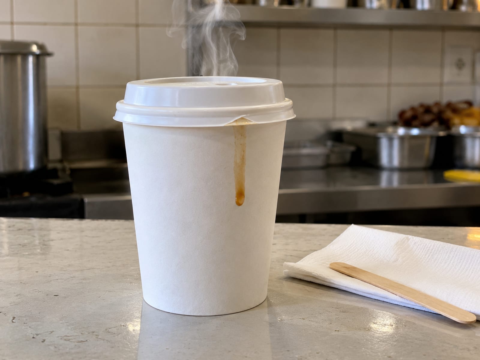 Plain paper cup of steaming brown soup with a lid on a counter