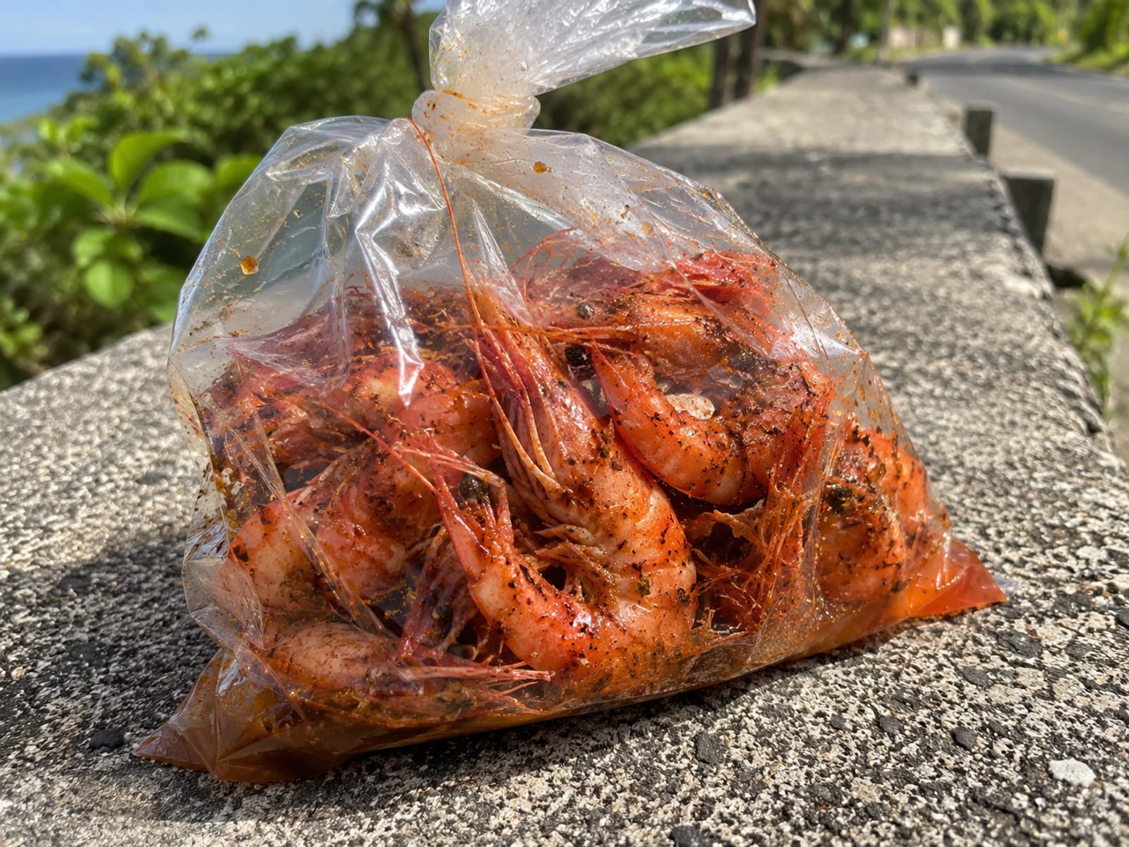 Bright red cooked shrimp in a clear plastic bag