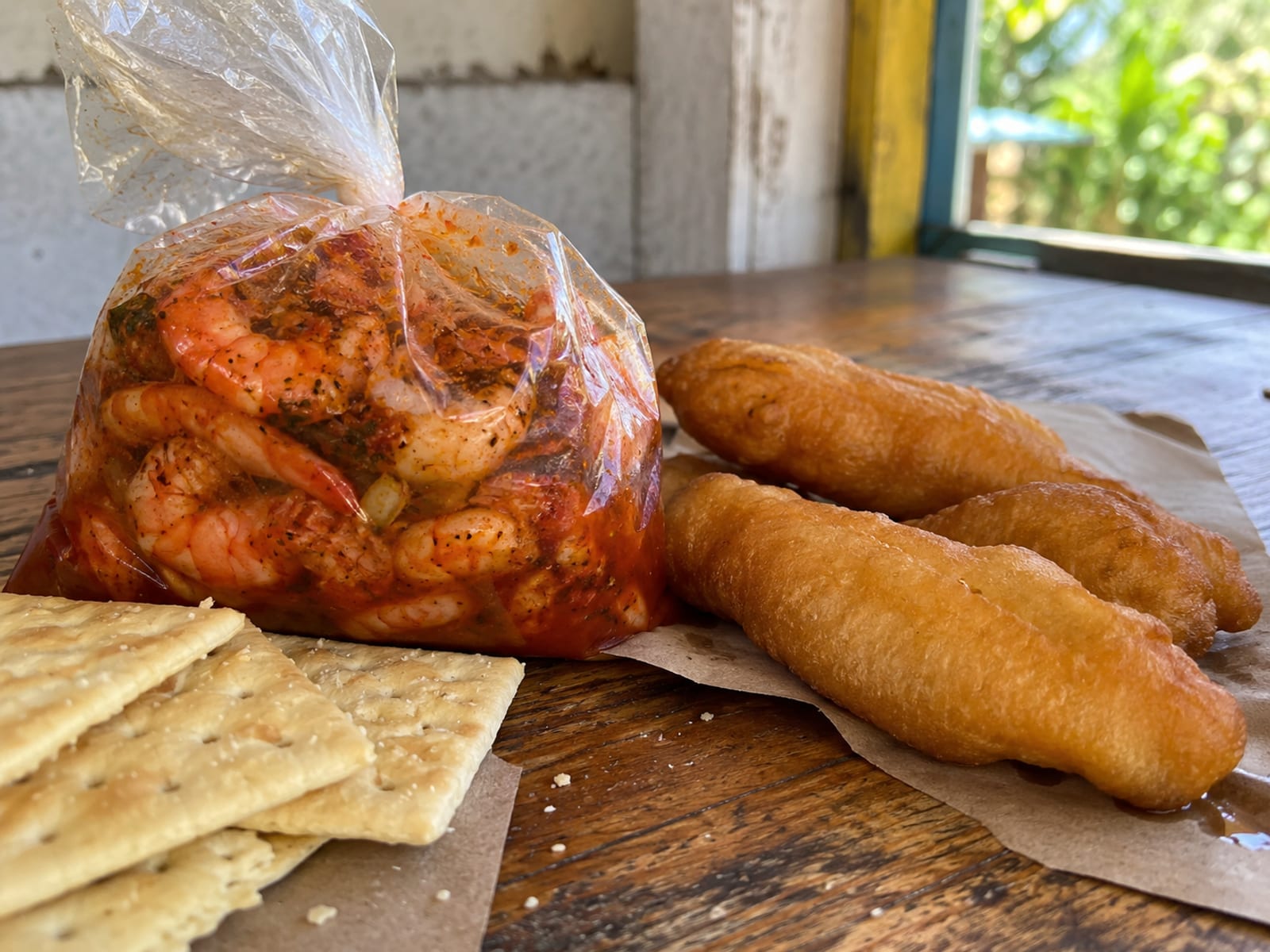 Bag of red pepper shrimp beside crackers and festival on a table