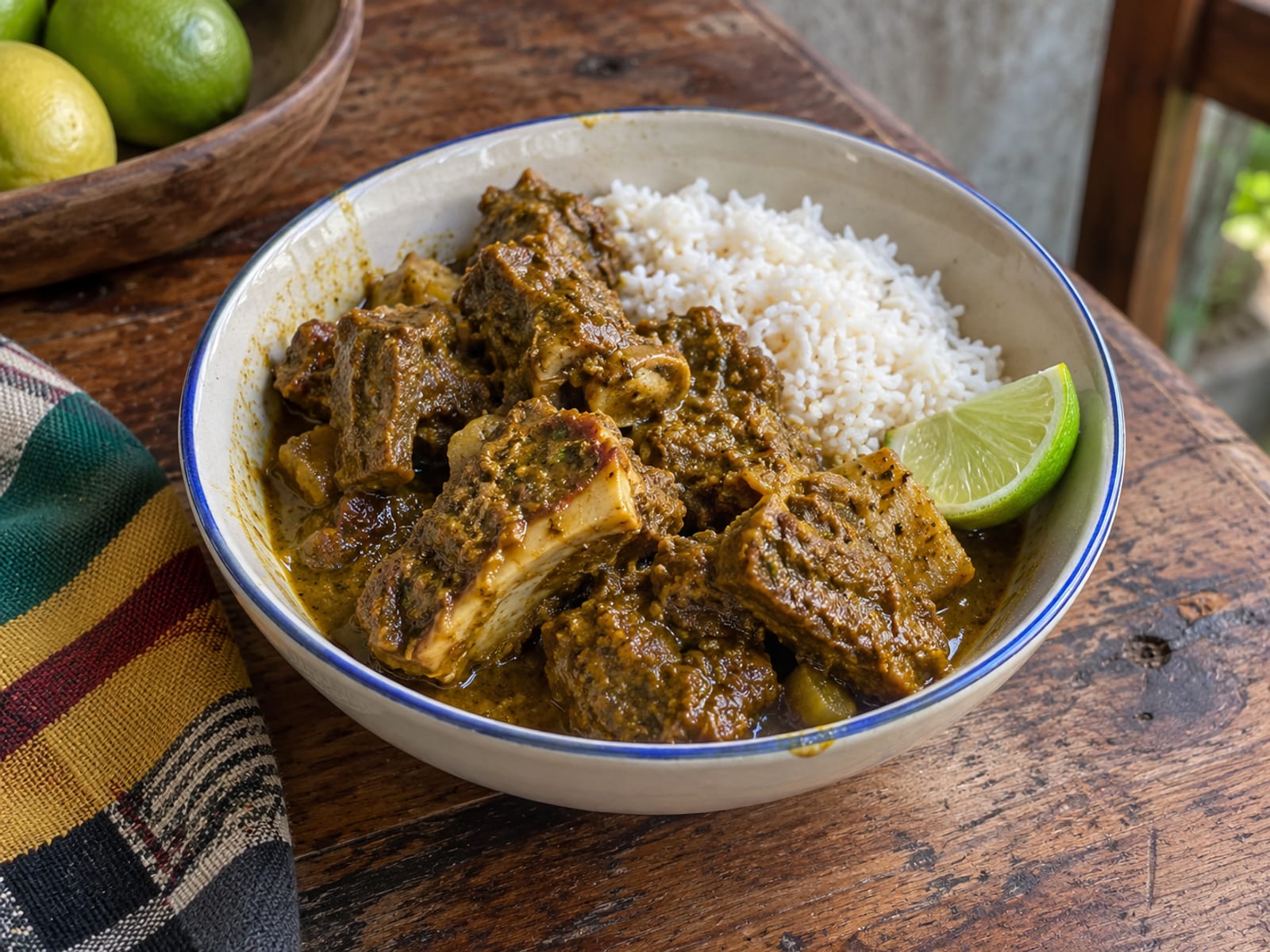A bowl of curry goat with white rice and a wedge of lime on a wooden table
