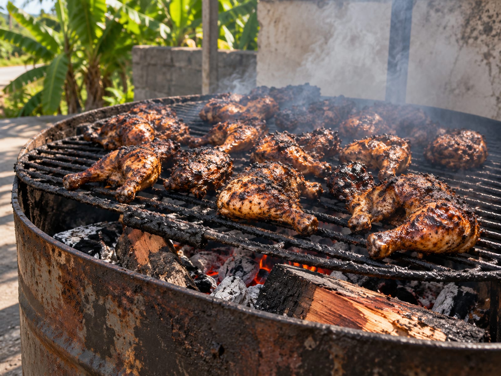 Jerk chicken pieces smoking over pimento wood on a charcoal drum grill