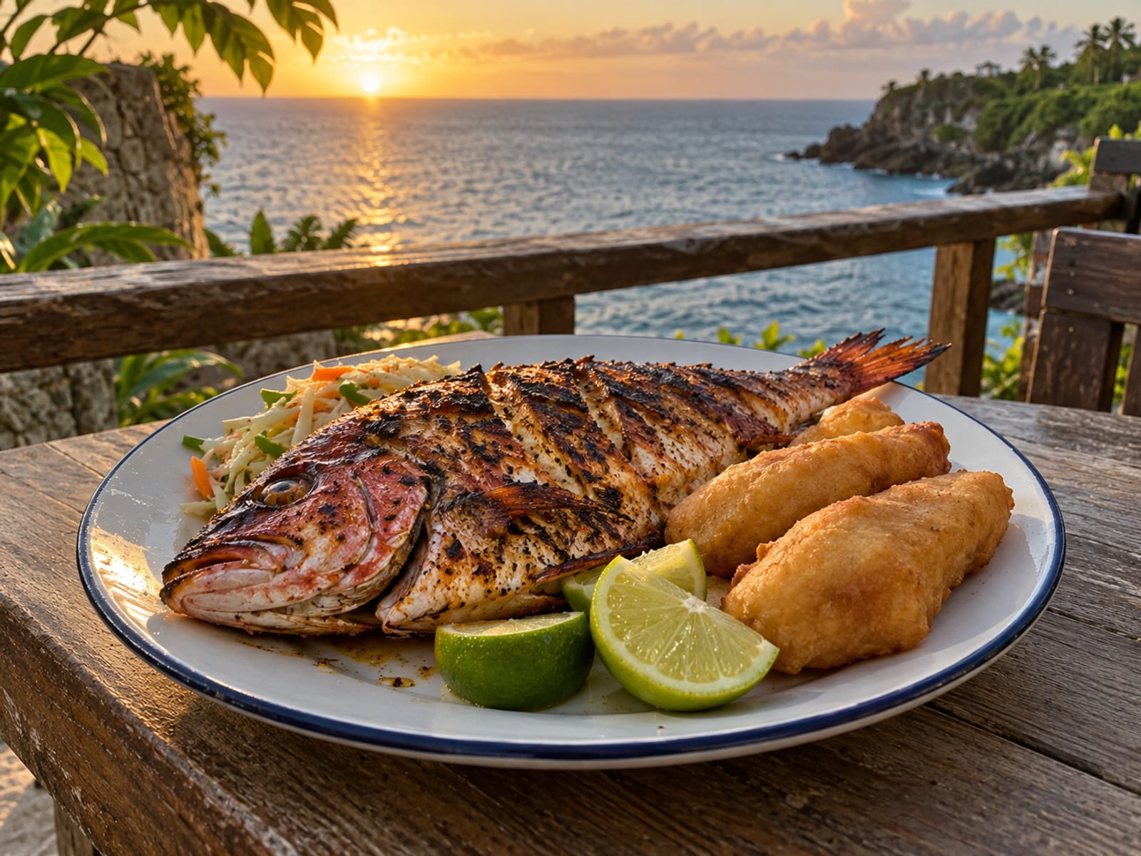 Grilled whole red snapper on a plate beside lime wedges and festival, with the sea behind
