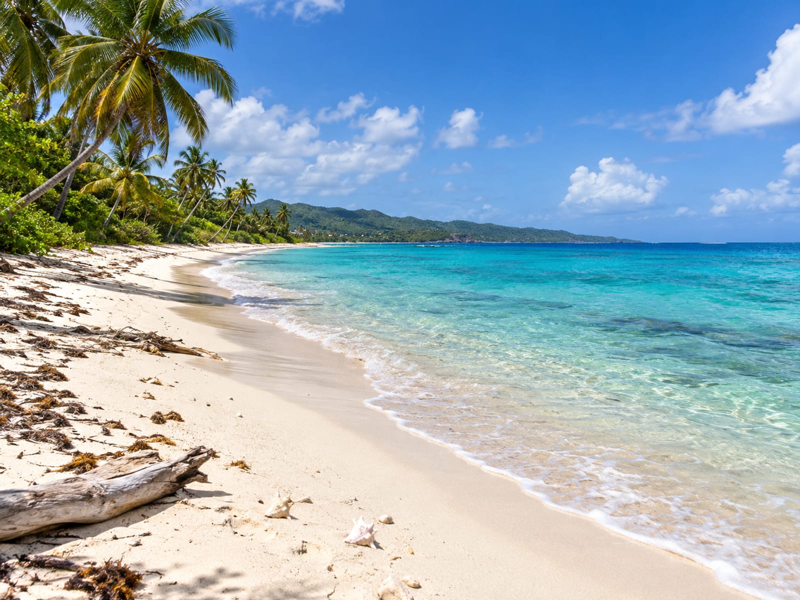 A quiet white-sand beach with palm trees and turquoise water at midday