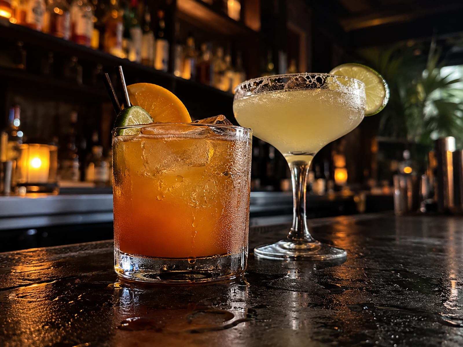 Cocktail glasses with citrus garnish on a dark bar top