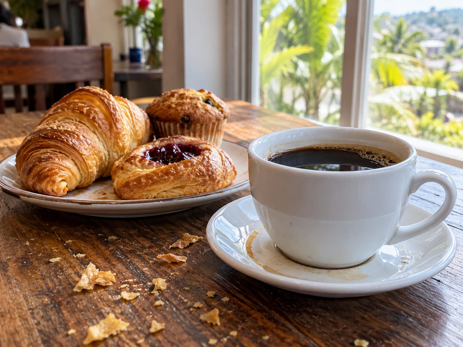 A cup of black coffee and a plate of pastries on a wooden table by a window