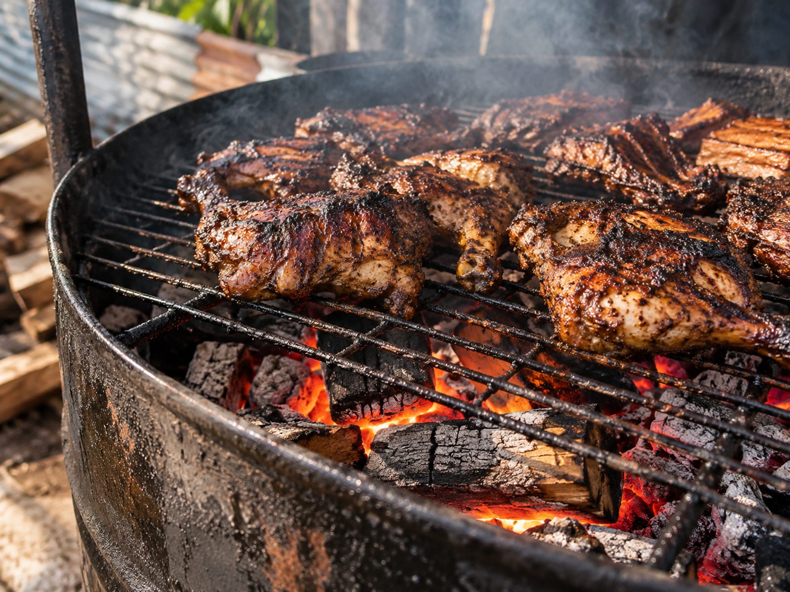 A steel jerk drum with smoke rising over glowing charcoal and pimento wood