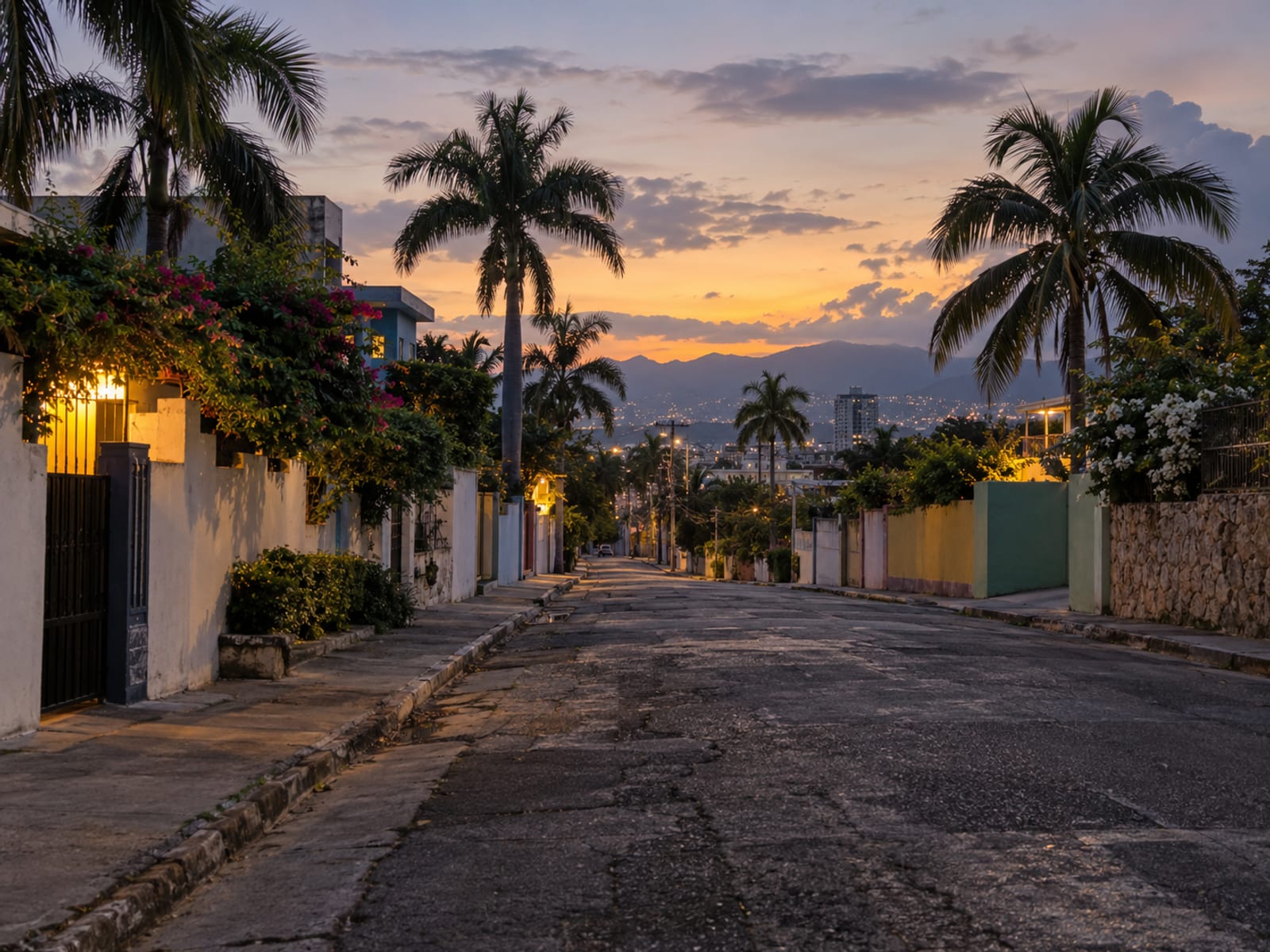 A quiet city street lined with palm trees at dusk