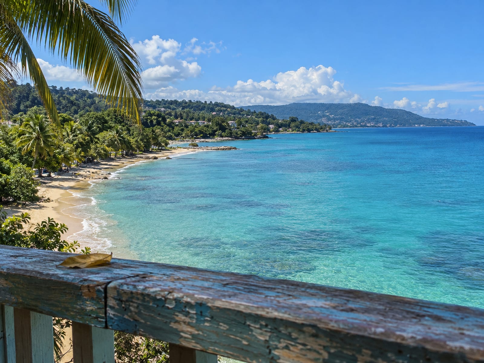 Calm blue Caribbean sea and shoreline seen from an open-air terrace on Jamaica's north coast