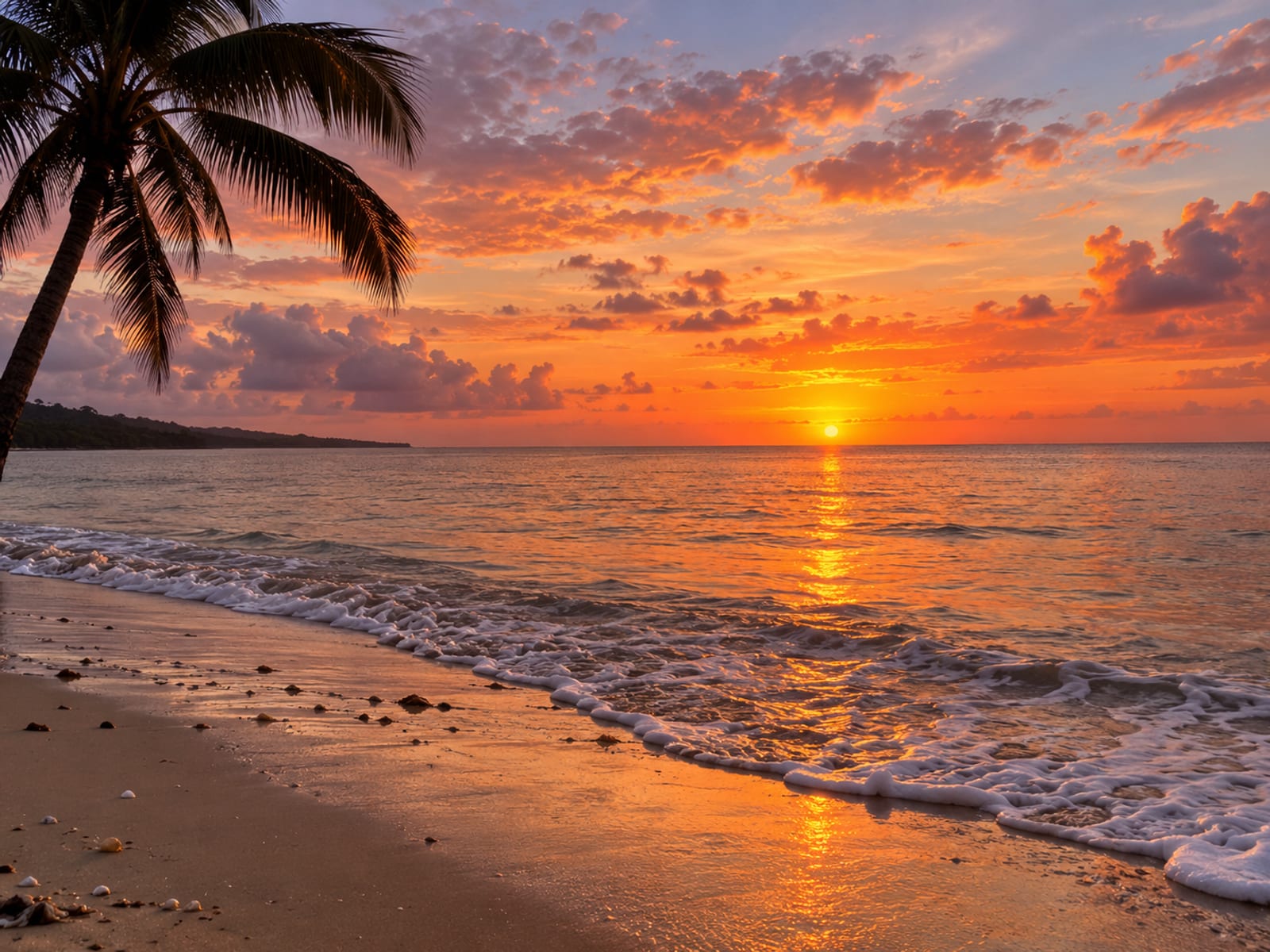 Orange sunset sky over a calm sea with a palm silhouette on a Jamaican beach