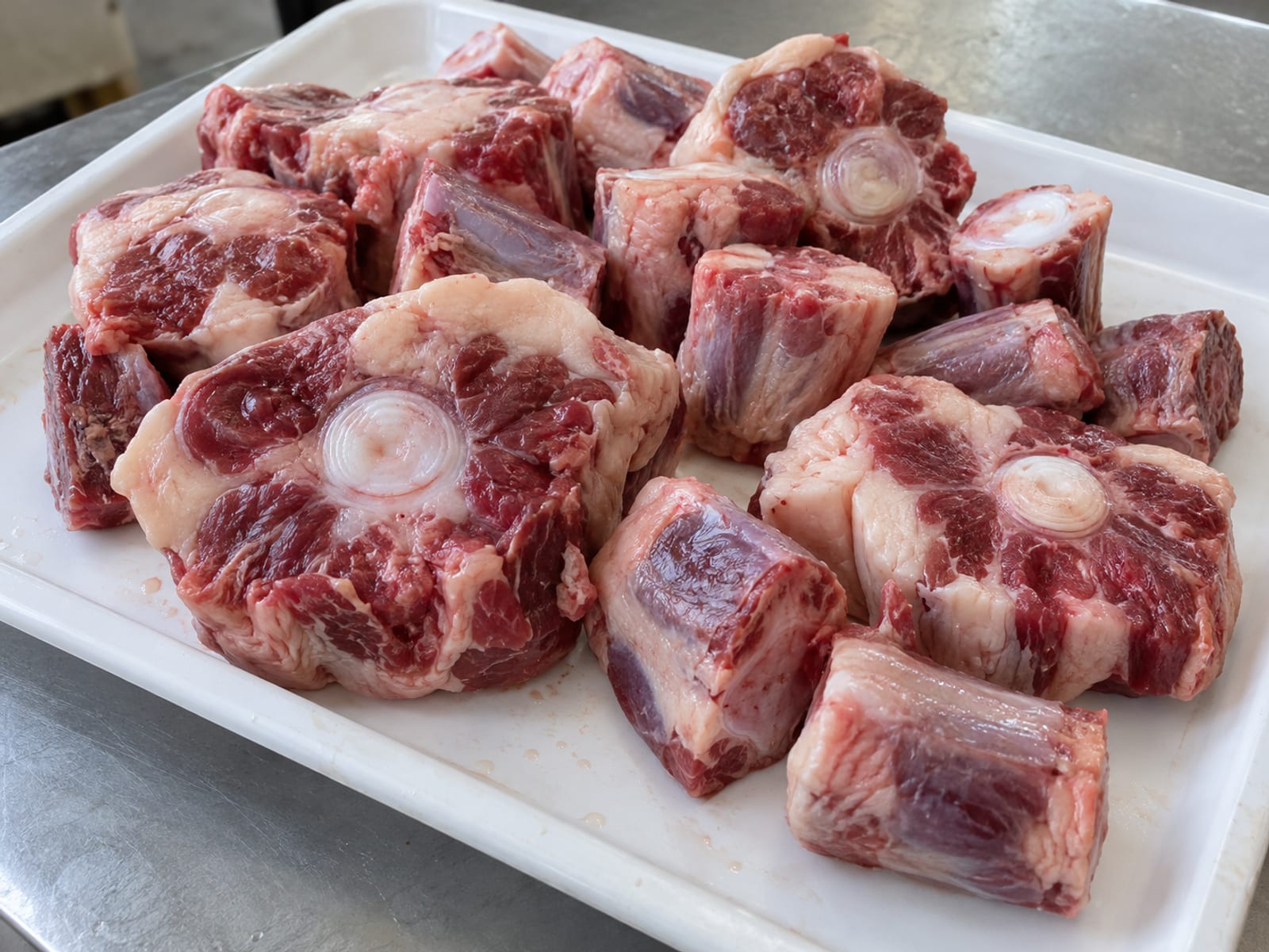 Raw oxtail pieces stacked on a white butcher tray