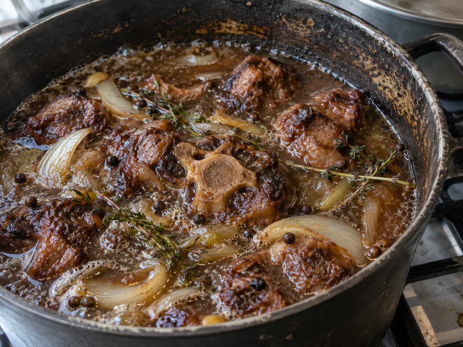Large black pot of oxtail braising with thyme, onion and pimento berries