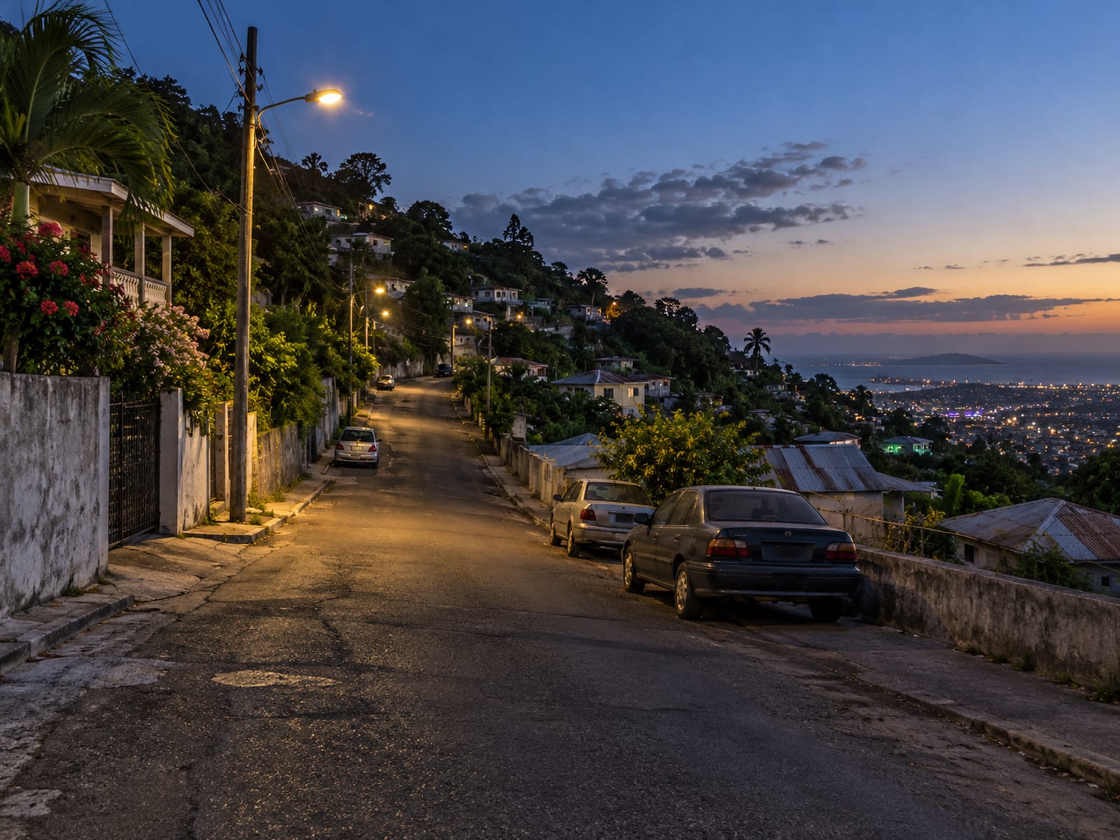 A quiet roadside in Kingston at dusk with street lights coming on and parked cars