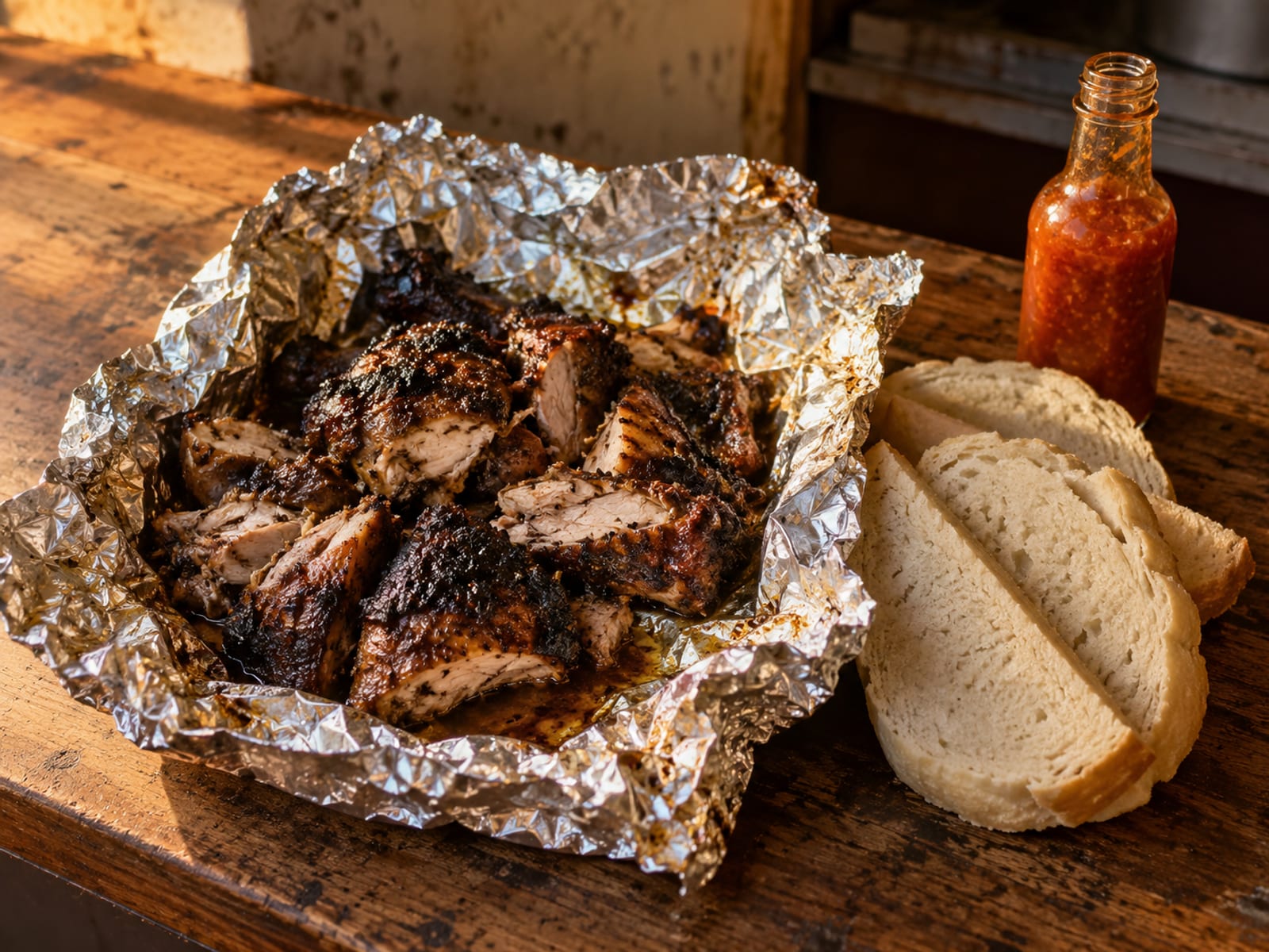 Chopped chicken wrapped in foil beside hard-dough bread and a small bottle of pepper sauce